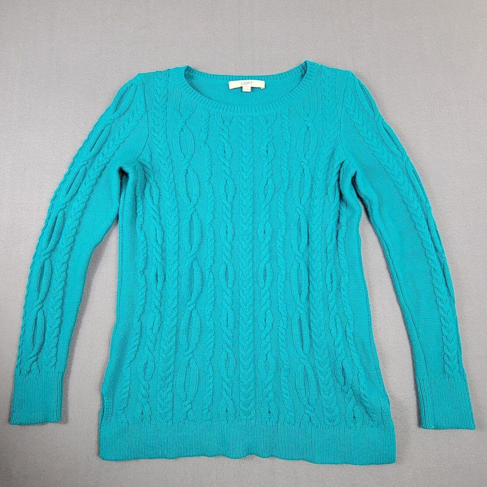 Ann Taylor LOFT Turquoise Cable Knit Sweater Wool & Cotton Blend Size M See Desc